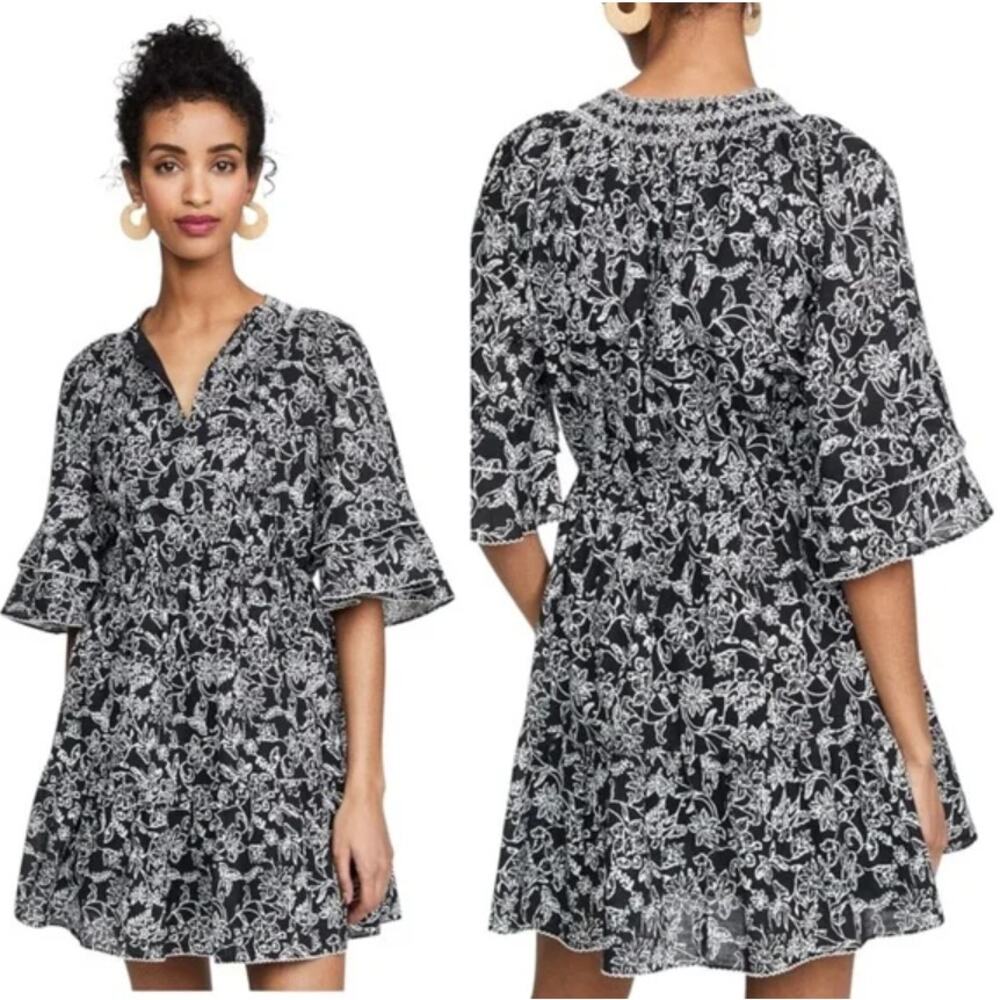 Parker Women's Black White Floral Ruffle Sleeve Lindsay Dress Size Large